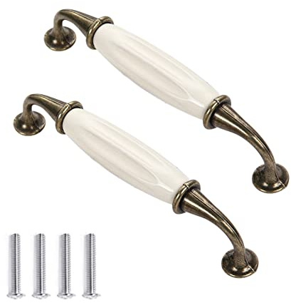 CONPHERON 2 Stück Porzellangriff Altmessingoptik Weiß Möbelgriff Schrankgriff Bogengriffe Keramik Griffe Türgriff Retro Schubladegriff Küchengriff Antik Ziehgriff 128mm