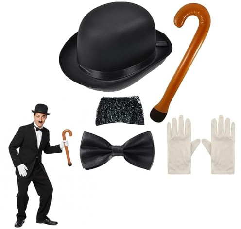 Edozos Charlie Chaplin Kostüm für Erwachsene, 1920er-Jahre-Sturm-Film, 5-teiliges Set, schwarzer Bowler-Hut + Charlie Schnurrbart + Fliege + Handschuhe + aufblasbarer Stock
