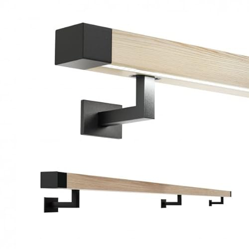 Sellon24® Pasamanos de madera LED con iluminación de roble, 50 x 40 mm, madera auténtica barnizada, barnizada, set (175 cm, soportes: negro RAL9005 / madera lacada)
