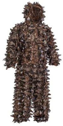 ROCREEK 3D Leafy Camo Suit Hooded Ghillie Hunting Clothing with Built-in Face Mask (Brown Woodland, Large-X-Large)