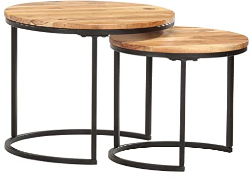 Makastle 2er Set Beistelltisch Satztisch Couchtisch Stapelbar Sofatisch Kaffeetisch Wohnzimmertisch für Wohnzimmer, Esszimmer, Industrial Minimalistisch Design, Braun Massivholz Akazie