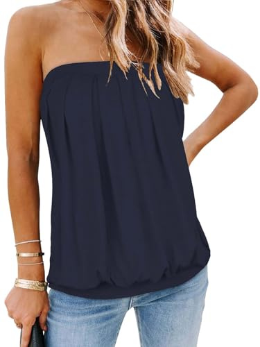 CHICGAL Tube Tops for Women Summer Off The Shoulder Bandeau Tank Casual Plus Size Blouse Shirts (Navy,L)