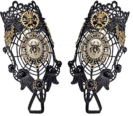 Aabellay Damen Fingerlose Spitzen Handschuhe Gothic Victorian Armbänder Retro Spitze Steampunk Gear Armkette Steampunk Armbänder Set Vintage Opern Handschuhe Halloween Braut Zubehör 1 Paar - S367