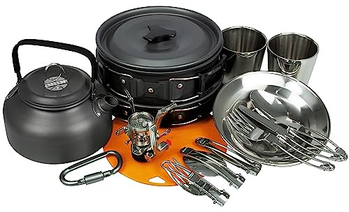 Camping Geschirr Set 14-teilig für Outdoor Küche, Wandern & Festival - mit Bechern, Tellern, Besteck, Topf, Pfanne, Kessel & Zubehör