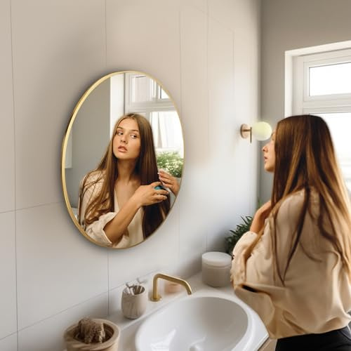 Ceramat Spiegel Rund Gold 50 cm Ø mit Rahmen, Runder Spiegel mit Metallrahmen und Aufhängung, Badezimmer Spiegel, Dekorative Wandspiegel rund für Bad, Wohnzimmer, Schlafzimmer