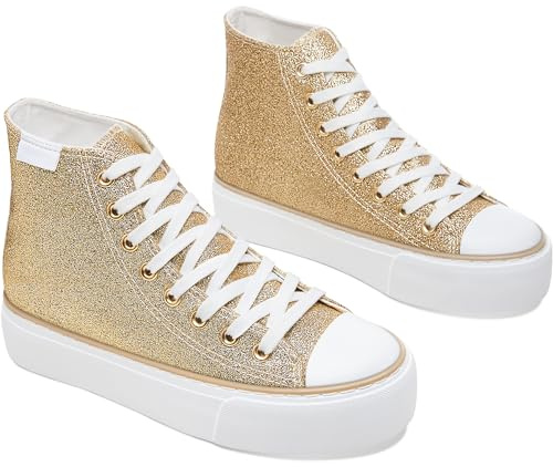 ALTOCIS High Top Glitter Sneakers Mid Top Platform Sparkly Sequin Shoes Women Cute Shiny Fashion Sneakers Bling Platform Walking Shoes(Gold US9)