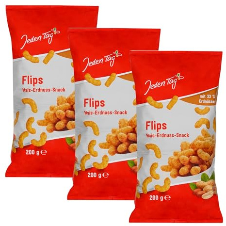 Jeden Tag Erdnussflips 200g | Knusprige Knabberfreude mit Sonnenblumenöl, ideal für Snacks und Partys (Erdnussflips, 3er Pack)
