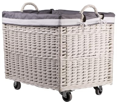 e-wicker24 - Cesto portabiancheria rettangolare, cesto in vimini bianco con ruote e fodera in tessuto, contenitore di vimini, cestino, scatola (biancogrigio)