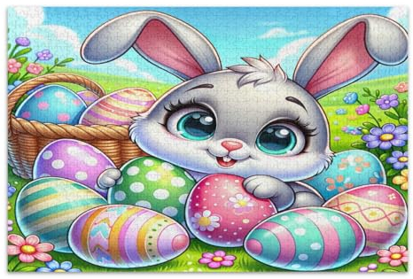 Cartoon Osterhase und Eier 1000 Teile Puzzle für Erwachsene Weißer Elefant Geschenkideen Familienpuzzles, Fertige Größe 29,5 x 19,7 Zoll