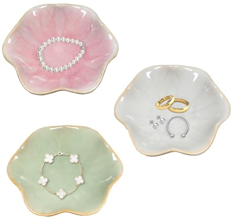 YoHyien 3 Pezzi Ceramica Piattino Portagioie, Decorativo Jewelry Bowl, Piattino Porta Gioielli a Forma di Fiore, Vassoio Portagioielli per Anello, Collana, Braccialetto (Rosa + Verde + Grigio)