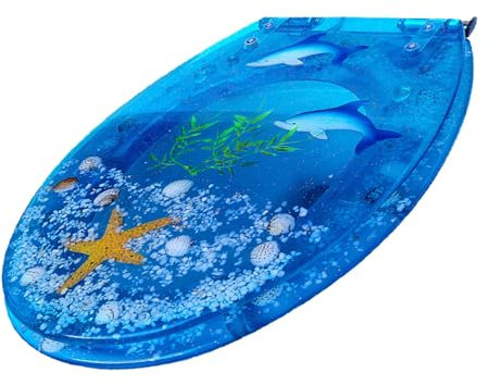 Ocean Series Art Slow Close Resin Toilet Seat Lid with Cover, with Blue Fish Starfish Cover Acrylic Seats Ocean Series 3D Effects Decorative, for U/V/O Type Toilet, Load Capacity 150KG