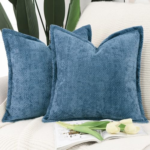Madizz 2er Set Chenille Samt mit Rand Kissenbezüge Weiche Dekorativ Zierkissenbezüge Modern Kissenhülle für Sofa Wohnzimmer Schlafzimmer Dunkelblau 45x45 cm