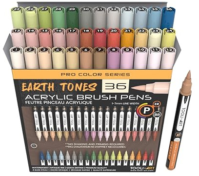 TOOLI-ART Ensemble de marqueurs peinture acrylique Earth Tones, pointe pinceau flexible de 1 à 7 mm, pour peinture sur pierre, lettrage au pinceau, verre, tasses, bois, métal, toile, tissu, plastique