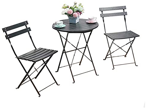 3-teiliges Bistrotisch- und Stuhlset, 3-teiliges faltbares Tisch- und Stuhlset für die Gartenterrasse im Freien, korrosionsbeständige Kunststoff-Holz-Möbelkombination (schwarz)