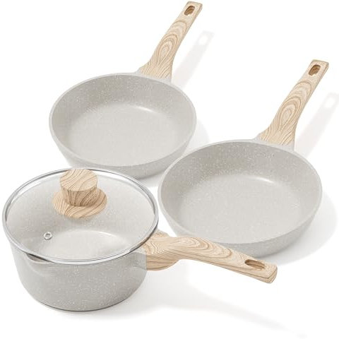 RIOVARM Antiadherente Sartén, Inducción Juego de sartenes con Tapa, 18cm Cazo, 20cm y 24cm Sartén con revestimiento de granito, Juego de utensilios de cocina sin PFOA, Sartén de Leche, Sartén Omelete