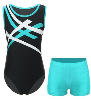 Sxiwei Kinder Jungen Gymnastikanzug Ärmellos Kontrast Farbe Sportlich Bodysuit Tanztrikot Und Shorts Kinder Tanz Kleidung Set Blau Grün 134-140