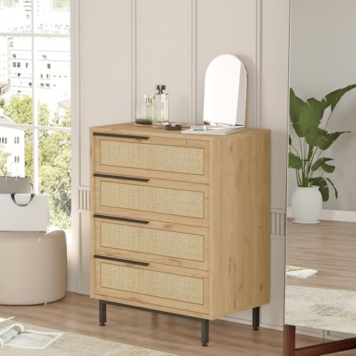 [en.casa] Kommode Kvænangen Schubladenschrank Sideboard mit 4 Schubladen Aufbewahrungsschrank Wohnzimmerschrank Schubladenkommode 95 x 75 x 45 cm Mehrzweckschrank Beistellschrank Eiche/Rattanoptik
