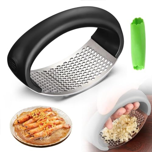 Stainless Steel Garlic Press, 2024 Newest Garlic Crusher, Cooking Utensil Garlic Slicer Garlic Press Rocker for Chopped Vegetables Uses (Black)