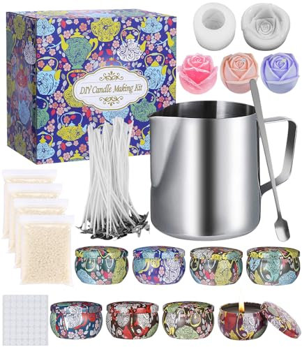 HYSINSE Set Regalo Kit Fai-da-Te per Candele, Kit per fabbricazione candele, Cera d'api, 50 stoppini di Cera con Supporto, 8 barattoli di Latta per Candele Fai-da-Te, 123 Set di Candele profumate (B)