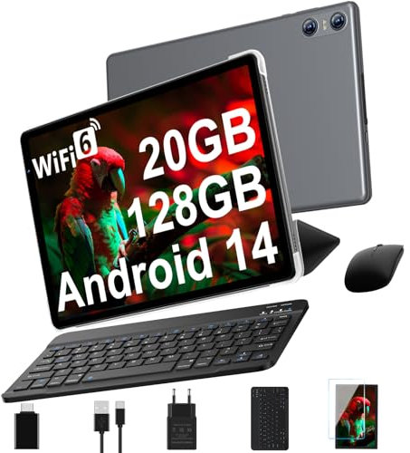 Tablette Android 14 avec 5G Wi-Fi 6, 20 GO RAM+128 GO ROM (Extensible Jusqu'à 1 To), Tablette Tactile avec Widevine L1, 8 Cœurs, 5MP+8MP, 6000mAh, Tablette 10 Pouces avec Clavier+Souris et Cas, Gris