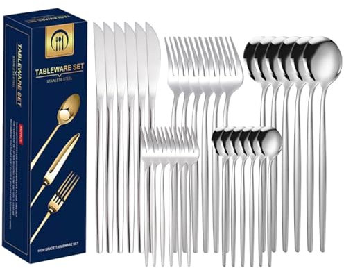 HQILRRA Couverts en acier inoxydable Set de 30 pièces, Set de couverts en argent, Finition mate, Service de table pour 6 personnes avec des lignes simples classiques, Passe au lave-vaisselle