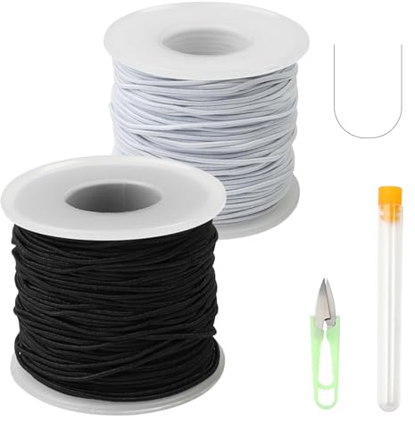 2 Rolls Elastic Cord 1mm X 50m, Black & White for Bracelet Making | Includes Scissors and Threading Tools; Soft Round Nylon Line for Hat Bands, Diy Beading, Repairs and Everyday Crafts.