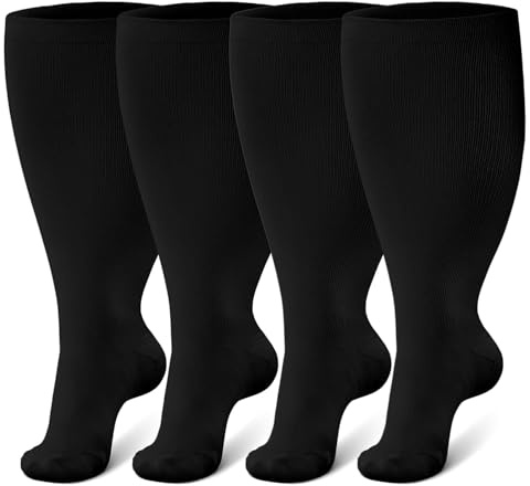 PUTUO Plus Size Compression Socks: Wide Calf Graduated Compression Stockings for Men Women - Large Flight Socks for Support Travel Pregnancy Edema Nurses Seniors 20-30 mmHg Black 3XL 2Pairs