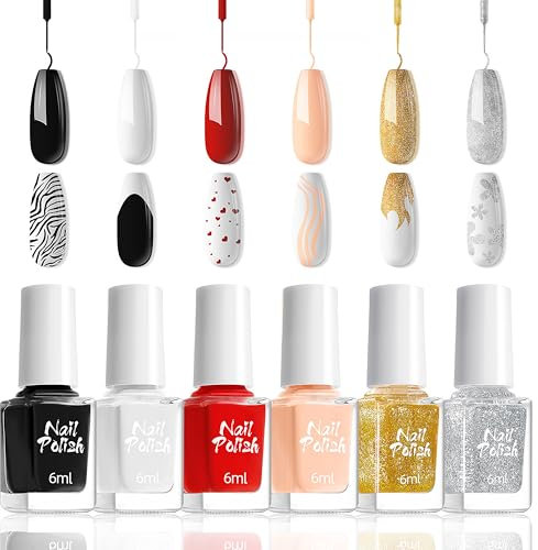 Liner Gel Nagellack Set - 6 Farben Schwarz Weiß Nude Feinem Glitzer für Nageldesign, Schnell Trocknend, Kein UV/LED Licht Erforderlich, Dünner Pinsel für Frauen Home Nail Art Maniküre, 6ml (Bunt B)