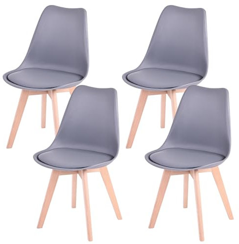 Sillas de Comedor Mikomika Synk Basic - Pack de 4 Sillas Nórdicas en Blanco, Negro y Gris con Asiento Tapizado y Patas de Madera de Haya Maciza (Gris)