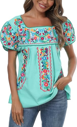 Mexican Shirts for Women Embroidered Tops Traditional Peasant Summer Tunic Blouse (XXXL, E522G)