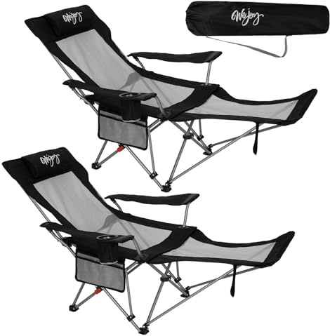 #WEJOY Campingstuhl Faltbar mit Fußstütze, 4‑Fach Verstellbarer Rückenlehne | 2‑in‑1 Relaxsessel Liege Tragkraft bis 180 kg, Strandstuhl mit Getränkehalter stabiler Metallrahmen Schwarz/Grau 2er Set
