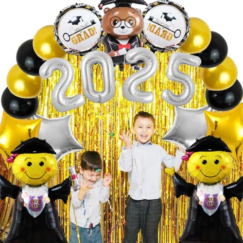 Abschluss Deko Abschlussfeier 2025 Set,Schulabschluss 2025 Deko,Graduation Folienballon Deko mit Schwarz Gold Congratulations, Gold Folienvorhänge,Graduierung Fotorequisiten