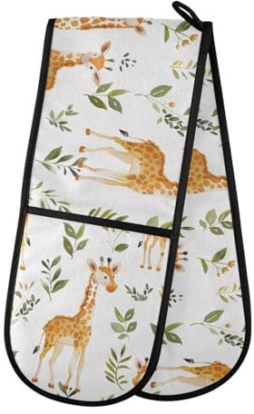 Ofenhandschuhe, doppelte Ofenhandschuhe, Giraffe, tropisches Tier, weiß, hitzebeständig, gesteppt, für Grillen, Backen, Küche, Kochen, Handschuhe
