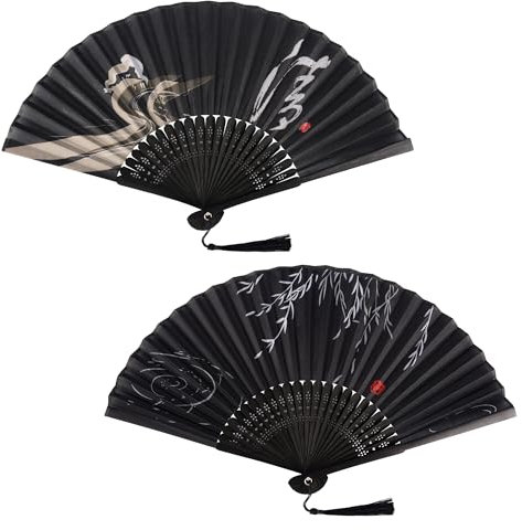 KEYIDO Lot de 2 Eventail Japonais Éventail Tissu Evantail Bambou Bois Evantaille Noir avec Frange Style Chinois Petit Éventails Décoration pour Femme Mariage Été Enfant Fille Homme