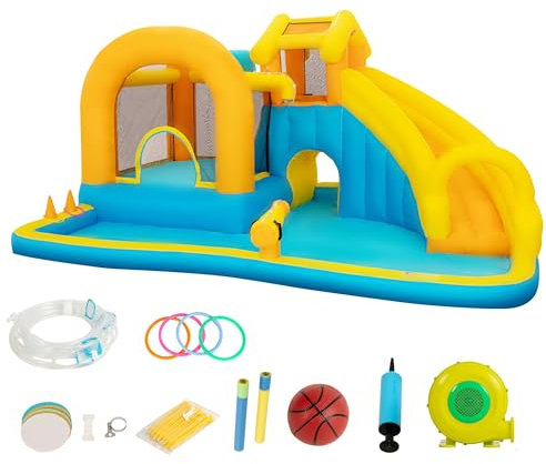 UEV Hüpfburg mit Gebläse Groß Aufblasbare Wasserpark für Kinder von 3-8 Jahre Wasserrutsche Springen Kletterwand Sicherheitsnetz Kindergeburtstag Bouncy Castle für Indoor und Outdoor XXL 451x347x223cm