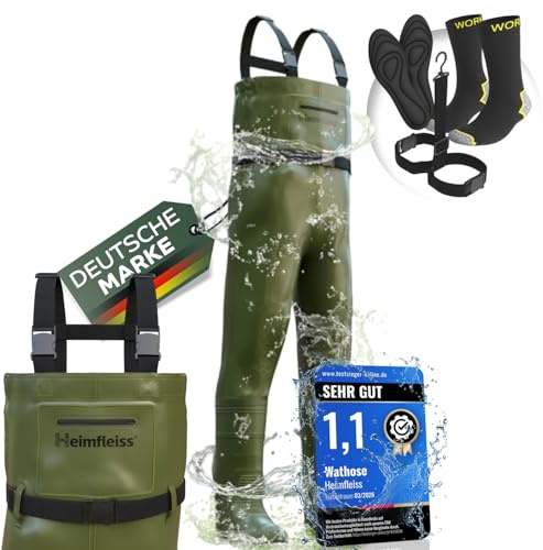 Heimfleiss® Wathose Herren Wasserdicht mit Stiefel | Unisex Nylon Anglerhose inkl. Zubehör | rutschfeste Fischerhose zum Angeln oder zur Teichreinigung | Wader Watthose Teichhose Angelhose