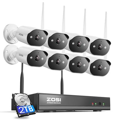 ZOSI Kit Caméras de Surveillance WiFi6, Plug-in Caméra IP Extérieure 3MP avec NVR 8CH 2K 2TB HDD, Alarme Sirène et Projecteur Vision Nocturne Couleur Détection de Personne, Audio Bidirectionnel