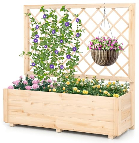 GOPLUS Jardinière Surélevée avec Treillis, Lit de Jardin en Bois de Sapin, Trou Drainage pour Vigne Grimpante Fleurs Fruits, Décoration pour Jardin Maison, Naturel (98x38x101cm)