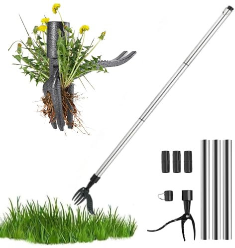 Kikura Weed Remover Tool, Weed Puller, Stand Up Weeding Tool, Detachable Long Handle Root Remover, Manual Dandelion Removal Tool, Root Puller, Picker, Grabber for Garden (Weed Puller+Metal Handle)