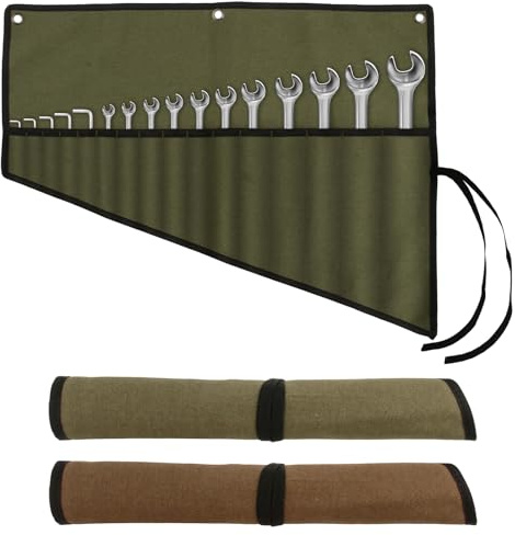 2 Piece Tool Roll Bag,Waxed Canvas Spanner Roll Bag,Spanner Organiser Bags with 16 Pockets,Heavy Duty Tool Pouch for Metric & SAE Wrenches,Spanner Holder Organizer for Men