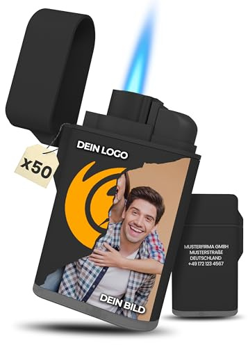 Meinearmbänder Personalisiertes Feuerzeug mit Logo, Bild und Gravur – Vorder- und Rückseite mit Text, Adresse und Slogan – Ideal für Werbegeschenke, Außeneinsatz und Werbeaktionen (50)