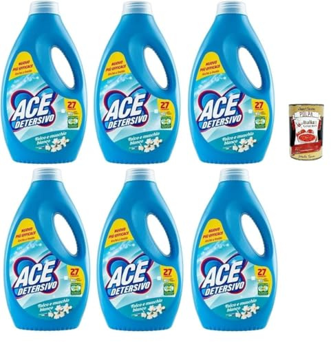 ACE Detersivo Lavatrice Talk et musc blanc - Lessive liquide pour machine à laver - Efficace sur tous les types de taches, 27 lavages, 6 x 1350 ml + Italian Gourmet polpa 400 g