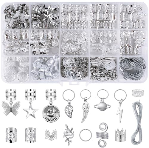 ZHXGO 244Pcs Hair Jewelry Braids, Hair Dreadlock Metal Clips, Hair Charms Pendants, Hair Dreadlocks Accessories Hair Coils Rings, Braid Beads for DIY Decoration Party Festival (Silver)