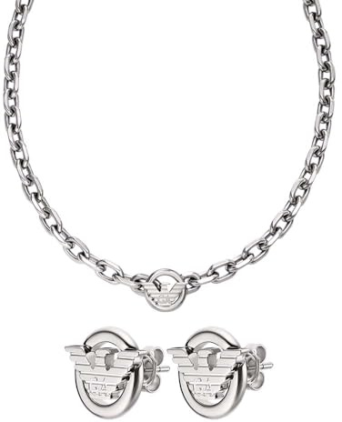 Emporio Armani Herren Silberfarbener Edelstahl Halskette und Ohrringe, Set