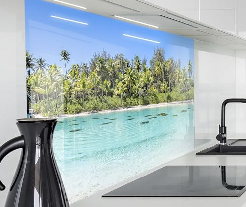 timalo Küchenrückwand Glasoptik | 60 x 40 cm Meer, Malediven, Strand, Karibik, Palmen | Acryl Glas 2mm | Spritzschutz Wand für Herd, Küche Glasrückwand Acrylglas Wandpaneele Rückwandschutz Platte