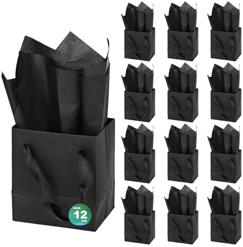 Papertide 12 Pack Small Black Gift Bags 4x2.8x4.5 inch with Tissue Paper, Reusable Mini Gift Bags for Jewelry, Candles, Cosmetics, Birthday, Party Favors, Thank You Gifts