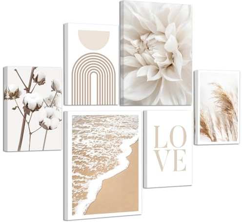 6 Pcs Beige Love Flores Juncos Marco de madera Cuadros Decoracion Salon Set, Estética Blanco Floral Plantas Cuadros Pintura Lienzos Decorativos Costa Dormitorio Oficina Murales Decoración de Pared