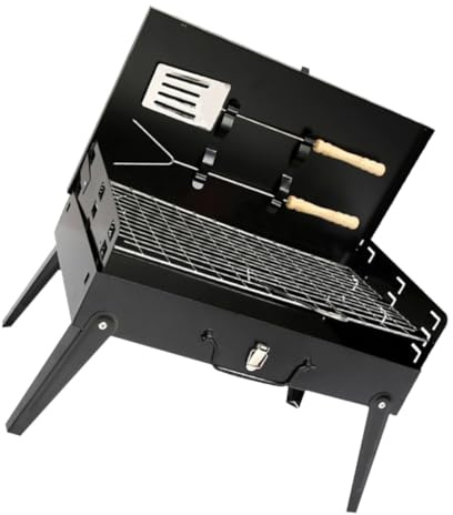 DECOMELODY Barbecue Portatile Pieghevole Da Esterno 44x27x47 Cm Con Griglia Per Barbecue e Fornello Da Campeggio Multifunzione Con Accessori Per Raccolta e Giratura Cibi