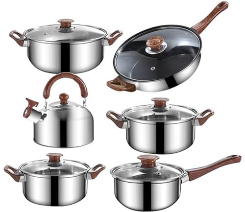 Tomotato Juego de Ollas y Sartenes 12 Piezas con Tapa, Acero Inoxidable Antiadherente Libre PFOS/PFOA, Incluye Sartén 24CM y Tetera 3L, Compatible con Inducción y Lavavajillas para