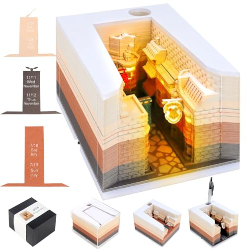 3D Kalender 2026 Abreißen, 3D Notizblock Mit Licht, Tischkalender-Notizblock mit Glasklarem Anzeigebox, 3D Kalender Abreißen, Papierskulptur Desktop Ornament, DIY-Notizen Papierskulptur(Gold Gasse)